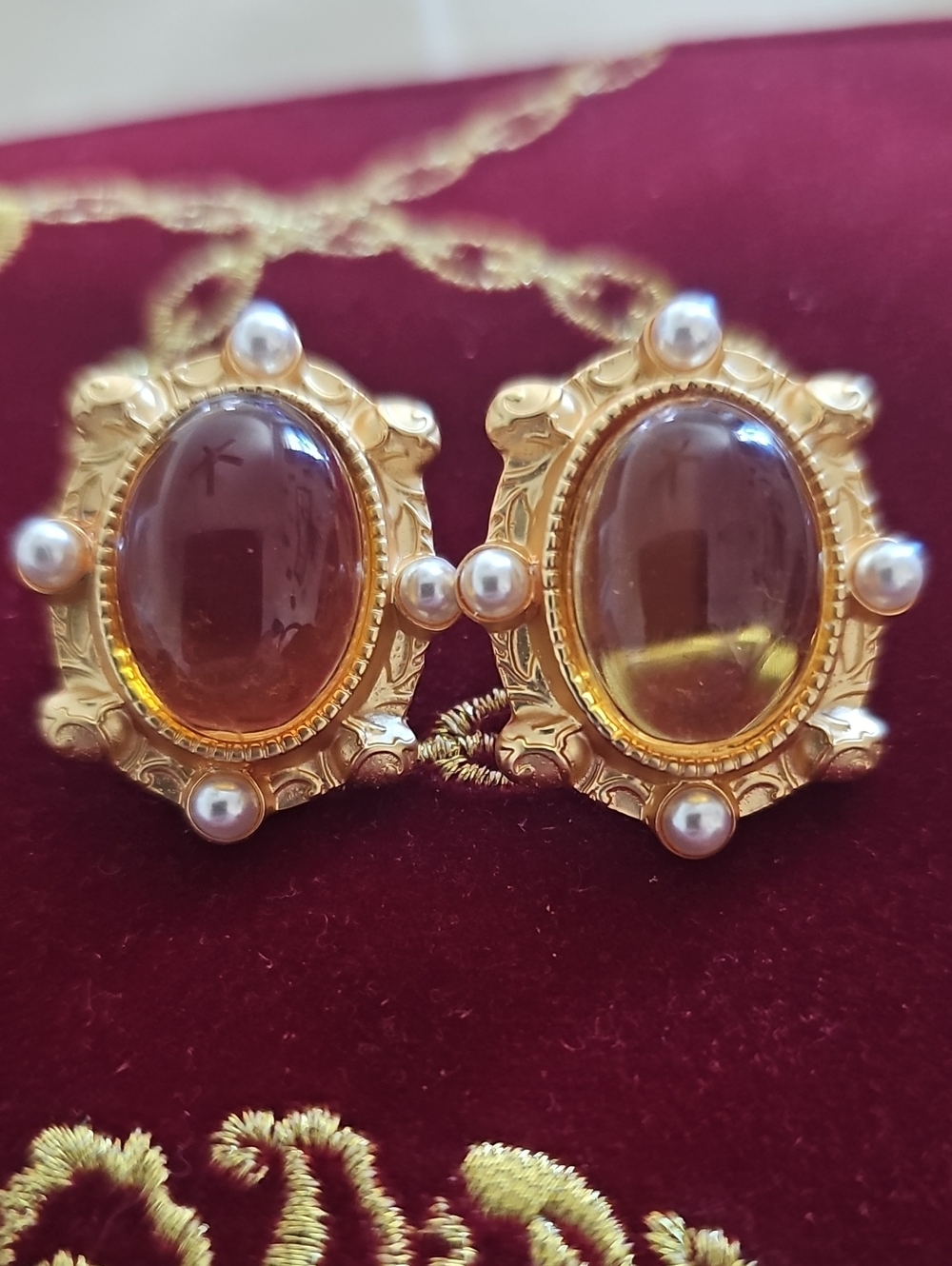 Monet Citrine Color Cabochon With Pearls